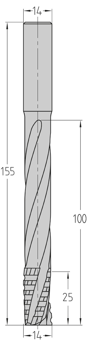 Technische Maßzeichnung des JSO VHW Schrupp-Schlosskastenfräsers mit XD-Coating, inklusive Kennzeichnung des gewellten Schneidenprofils, Durchmesser 14 mm, Nutzlänge 100 mm, Schaft 14 mm und Gesamtlänge 155 mm.