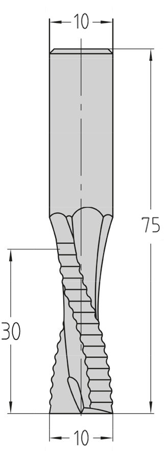 Technische Maßzeichnung des JSO VHW Schruppwerkzeugs (10x30 mm, Gesamtlänge 75 mm) mit präziser Darstellung der wellenförmigen Z=2 Schneidengeometrie und linkswendelnden Drallrichtung.