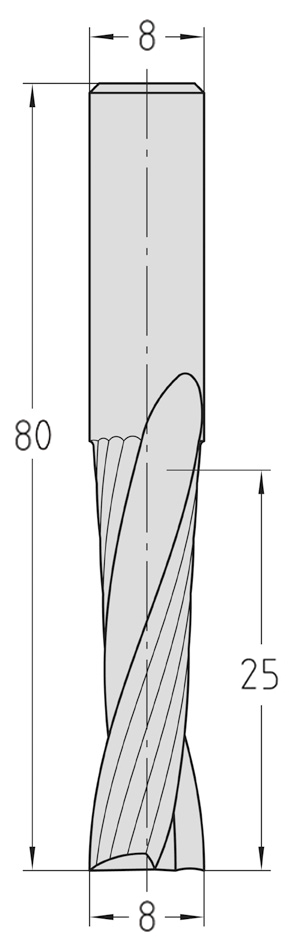 Technische Maßzeichnung des zylindrischen JSO VHW Spiralnutfräsers (Ø 8 mm, Nutzlänge 25 mm, Gesamtlänge 80 mm) mit exakter Darstellung der zweischneidigen Rechtsdrall-Geometrie.