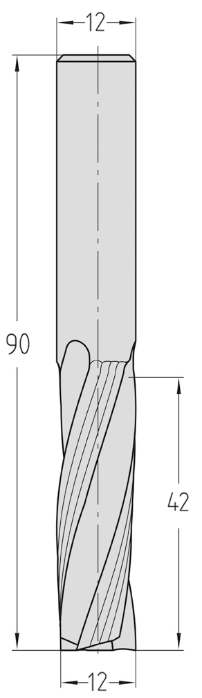 Technische Maßzeichnung des dreischneidigen JSO VHW Spiralnutfräsers (Ø 12 mm, lange Nutzlänge 42 mm, Gesamtlänge 90 mm) mit exakter Darstellung der JSO-XD beschichteten Rechtsdrall-Schneidenzonen.