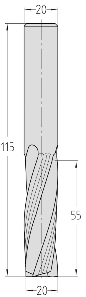 Technische Maßzeichnung des dreischneidigen JSO VHW Spiralnutfräsers (Ø 20 mm, große Nutzlänge 55 mm, Gesamtlänge 115 mm) mit exakter Darstellung der JSO-XD beschichteten Rechtsdrall-Schneidenzonen.