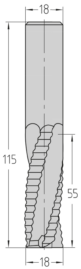 Technische Maßzeichnung des JSO VHW Schruppwerkzeugs (18x55 mm, Gesamtlänge 115 mm) mit präziser Darstellung der wellenförmigen Z=3 Schneidengeometrie und rechtswendelnden Drallrichtung.