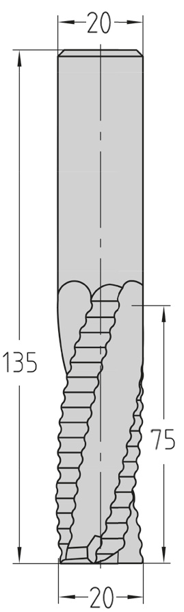 Technische Maßzeichnung des JSO VHW Schruppwerkzeugs (20x75 mm, Gesamtlänge 135 mm) mit präziser Darstellung der wellenförmigen Z=3 Schneidengeometrie und rechtswendelnden Drallrichtung.