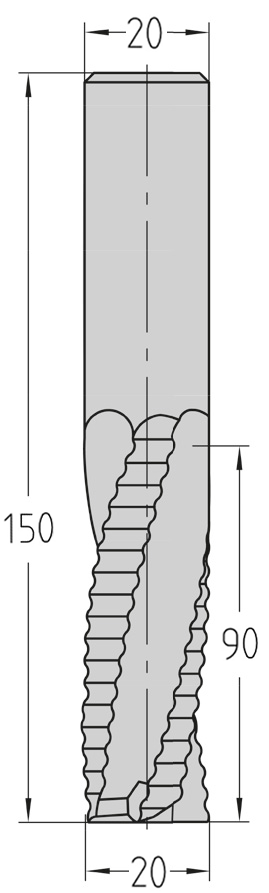 Technische Maßzeichnung des JSO VHW HW07 Schruppwerkzeugs (20x90 mm, Gesamtlänge 150 mm) mit exakter Darstellung der wellenförmigen Z=3 Schneidengeometrie und der Spiralnut-Bemaßung.