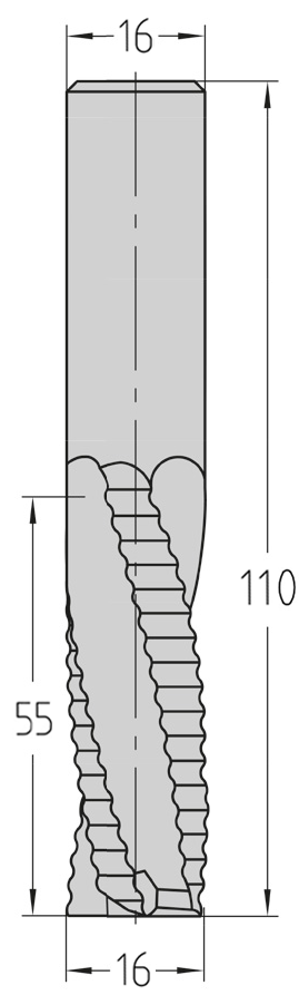 Technische Maßzeichnung des JSO VHW Schruppwerkzeugs (16x55 mm, Gesamtlänge 110 mm) mit präziser Darstellung der wellenförmigen Z=3 Schneidengeometrie und linkswendelnden Drallrichtung.