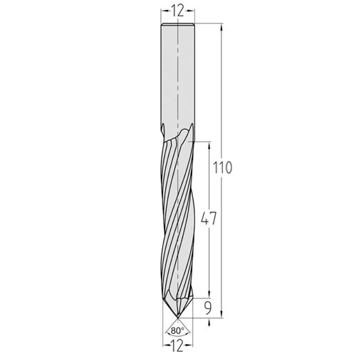 JSO CNC-Bohrfräser aus massivem Vollhartmetall (VHW) mit JSO XD-Beschichtung, zylindrischem 12 mm Schaft, zwei Schneiden (Z=2) und markantem 80 Grad Bohreranschliff an der Werkzeugstirn für Kunststoffe im Holzfräsershop.