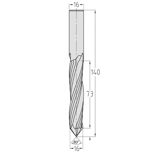 JSO CNC-Bohrfräser aus massivem Vollhartmetall (VHW) mit JSO XD-Beschichtung, zylindrischem 16 mm Schaft, drei Schneiden (Z=3), extra langer 73 mm Nutzlänge und markantem 80 Grad Bohreranschliff an der Werkzeugstirn für Kunststoffe im Holzfräsershop.