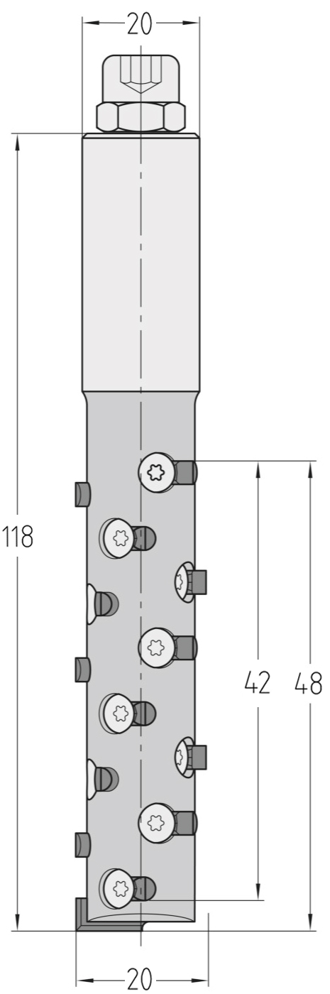 Technische Maßzeichnung des JSO NoviTec Wendeplatten-Schruppwerkzeugs (20x48 mm, Gesamtlänge 118 mm) mit Detailansicht der versetzten Plattenaufnahmen und des S20-Schafts.