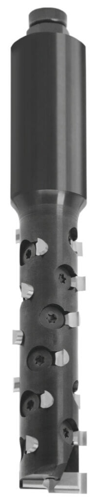 JSO NoviTec CNC-Schruppfräser mit HW-Wendeplatten, spiralförmig versetzter Messeranordnung (Z=3+1), 20 mm Durchmesser, 48 mm Nutzlänge und zylindrischem 20 mm Schaft.