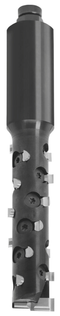 JSO NoviTec CNC-Schruppfräser mit HW-Wendeplatten, spiralförmig versetzter Messeranordnung (Z=3+1), 20 mm Durchmesser, 62 mm Nutzlänge und zylindrischem 20 mm Schaft.