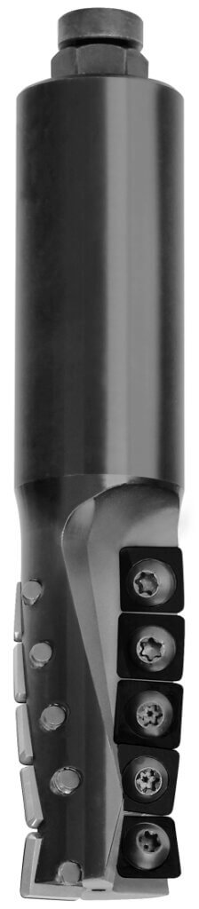JSO 4Cut CNC-Schruppfräser mit HW-Wendeplatten, quadratischer Messeranordnung (Z=2), flacher Stirngeometrie ohne Einbohrschneide, 25 mm Durchmesser, 54 mm Nutzlänge und zylindrischem 20 mm Schaft.