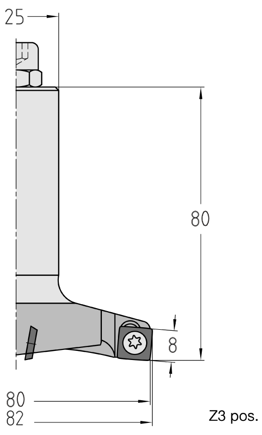 Technische Maßzeichnung des JSO 4Cut Wendeplatten-Planwerkzeugs (82/80x8 mm, Gesamtlänge 80 mm) mit präziser Darstellung der Abstufung am Schneidkopf, der Nutzlänge und des S25-Schafts.