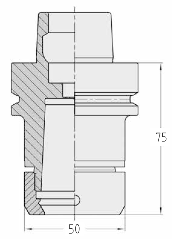 Technische Maßzeichnung des JSO PREZISO Spannzangenfutters nach DIN 69893 mit HSK-F 63 Aufnahme, Außendurchmesser 50 mm und Gesamtlänge 75 mm im Holzfräsershop.