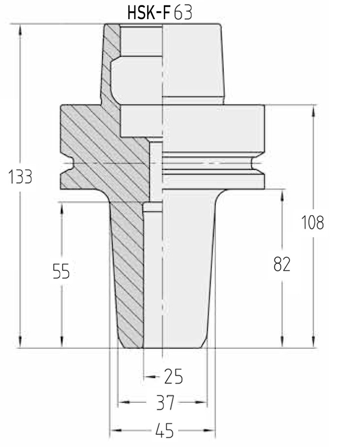 Technische Maßzeichnung des JSO THERMOTEC-PLUS Schrumpffutters nach DIN 69893 mit HSK-F 63 Schnittstelle, Bohrung d = 25 mm, Durchmesser 37/45 mm und Gesamtlängen 108/133 mm im Holzfräsershop.