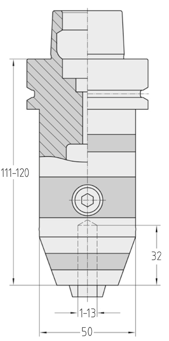 Technische Maßzeichnung des JSO Universal-Bohrfutters mit genauen Maßangaben zur HSK-F 63 Schnittstelle, der inneren Spannlänge von 32 mm und der Gesamtlänge (GL) von 111-120 mm im Holzfräsershop.