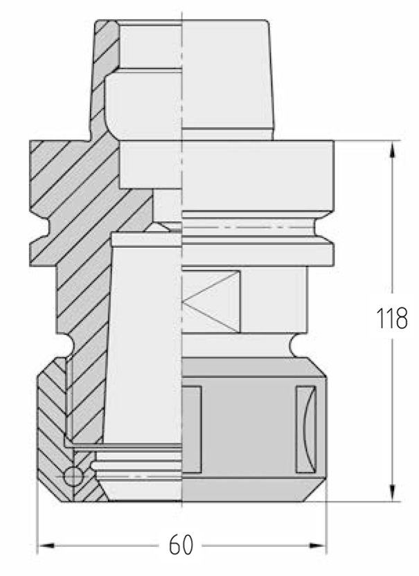 Technische Maßzeichnung des JSO OZ25 Spannzangenfutter-Grundkörpers nach DIN 69893 mit Angaben zu HSK-F 63, Durchmesser 60 mm und der Gesamtlänge von 118 mm im Holzfräsershop.