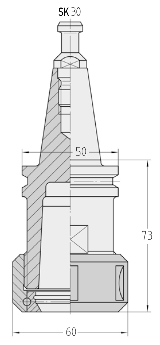 Technische Maßzeichnung des JSO SK 30 Spannzangenfutters Typ 462E mit Anzugschraube Nr. 1, Ø 60 mm und Gesamtlänge 73 mm im Holzfräsershop.