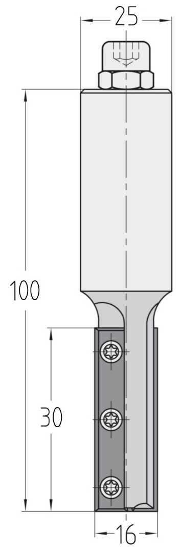 Technische Maßzeichnung des JSO CNC-Wendeplatten-Nutfräsers mit exakten Bemaßungen für Durchmesser 16 mm, Nutzlänge 30 mm, Schaft 25 mm und Gesamtlänge 100 mm.