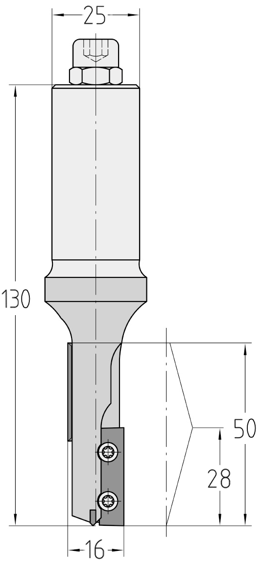 Technische Maßzeichnung des JSO CNC-Wendeplatten-Nutfräsers mit exakten Bemaßungen für Durchmesser 16 mm, verlängerte Nutzlänge 50 mm, Schaft 25 mm und eine Gesamtlänge von 130 mm.