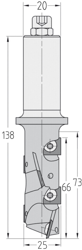 Technische Zeichnung des JSO Wendeplatten-Schruppfräsers Ø 25 mm mit Nutzlänge 66 mm, Schaft 20 mm und Z=1+1 Schneidenanordnung.