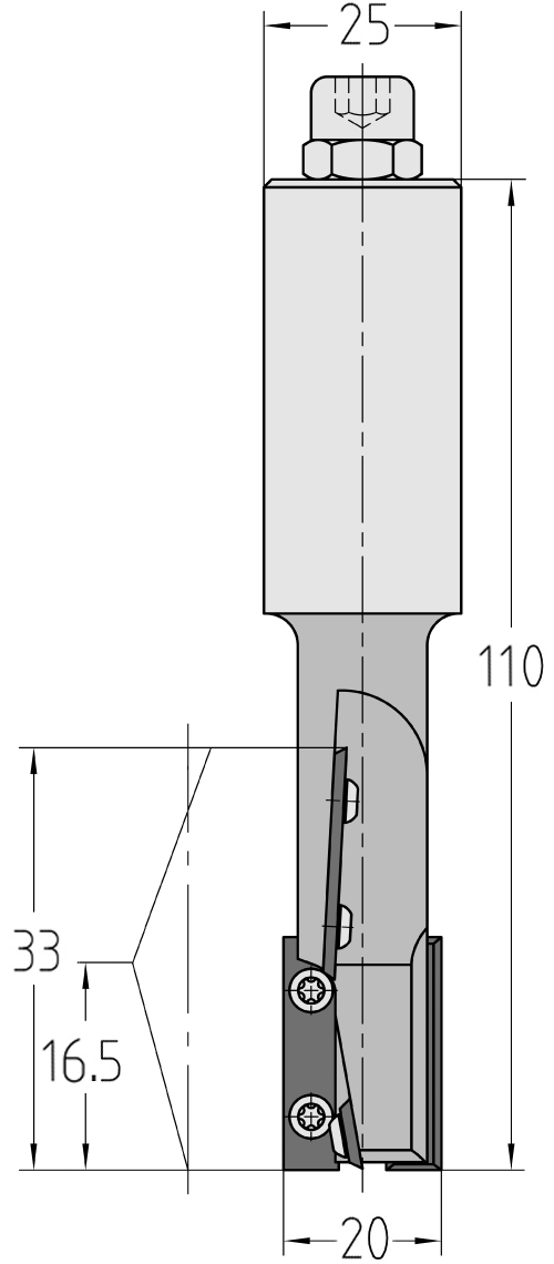 Maßstabgetreue technische Konstruktionszeichnung des linksdrehenden JSO Wendeplatten-Nutfräsers mit präzisen Bemaßungen für 20 mm Durchmesser, 33 mm Nutzlänge, 25 mm Schaft und 110 mm Gesamtlänge.
