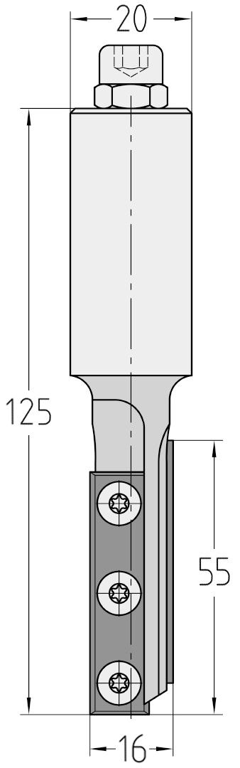 Technische Maßzeichnung des JSO CNC-Wendeplatten-Nutfräsers mit exakten Bemaßungen für Durchmesser 16 mm, extralange Nutzlänge 55 mm, Schaft 20 mm und Gesamtlänge 125 mm.
