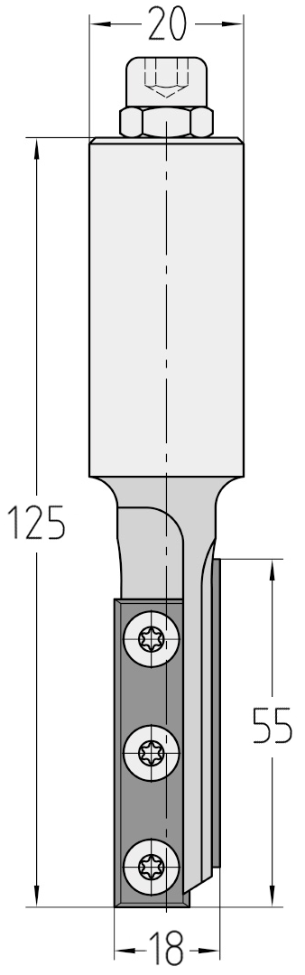 Technische Maßzeichnung des JSO CNC-Wendeplatten-Nutfräsers mit exakten Bemaßungen für Durchmesser 18 mm, extralange Nutzlänge 55 mm, Schaft 20 mm und Gesamtlänge 125 mm.