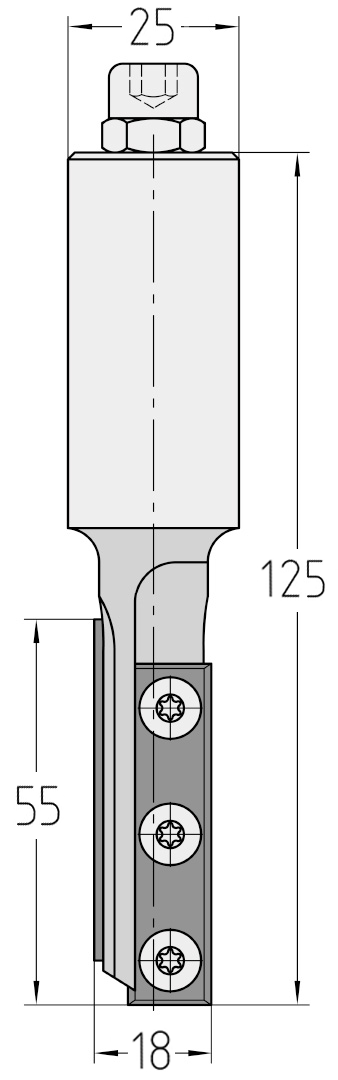 Technische Maßzeichnung des linksdrehenden JSO CNC-Wendeplatten-Nutfräsers mit exakten Bemaßungen für Durchmesser 18 mm, extralange Nutzlänge 55 mm, Schaft 25 mm und Gesamtlänge 125 mm.