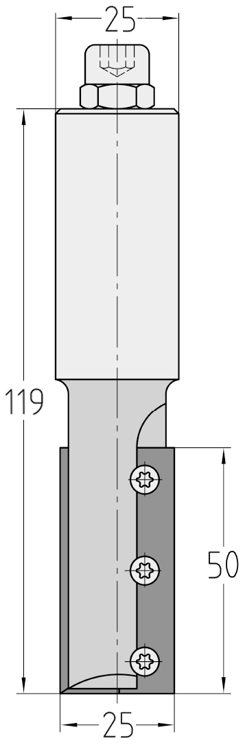 Technische Maßzeichnung des JSO CNC-Wendeplatten-Nutfräsers mit exakten Bemaßungen für Durchmesser 25 mm, Nutzlänge 50 mm, Schaft 25 mm und Gesamtlänge 119 mm.