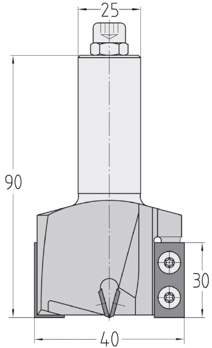 Technische Maßzeichnung des JSO Wendeplatten-Kanten- und Falzfräsers (40x30 mm, Gesamtlänge 90 mm) mit präziser Darstellung der versetzten Messeraufteilung und des S25-Schafts.