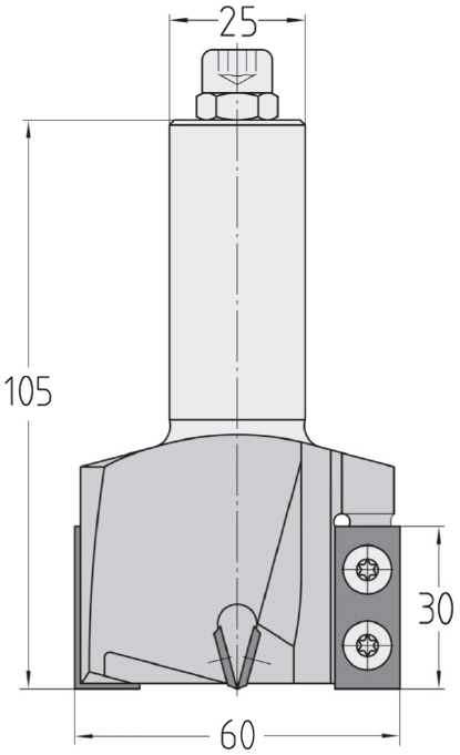 Technische Maßzeichnung des JSO Wendeplatten-Kanten- und Falzfräsers (60x30 mm, Gesamtlänge 105 mm) mit präziser Darstellung der versetzten Messeraufteilung und des S25-Schafts.