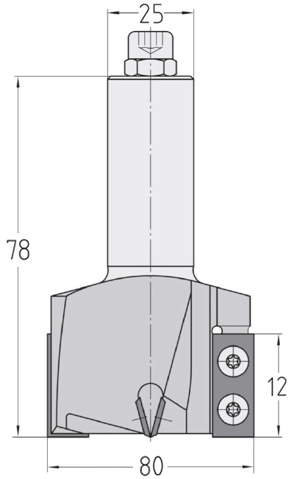Technische Maßzeichnung des JSO Wendeplatten-Kanten- und Falzfräsers (80x12 mm, Gesamtlänge 78 mm) mit präziser Darstellung der versetzten Messeraufteilung und des S25-Schafts.