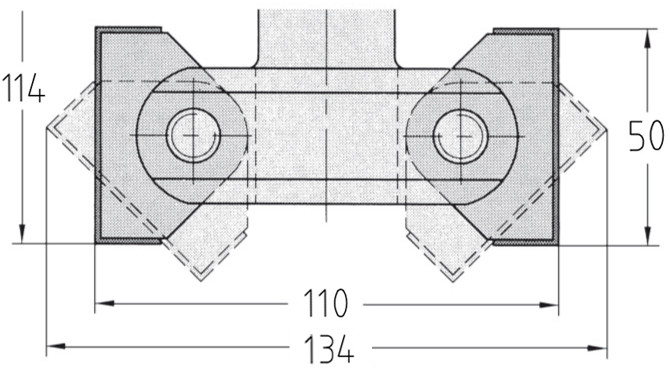 Technische Maßzeichnung des JSO HW Schwenkmesserkopfes mit Kennzeichnung von Schwenkbereich, Grund-Ø 110 mm, Maximal-Ø 134 mm, Nutzlänge 50 mm, Schaft 25 mm und Gesamtlänge 114 mm.