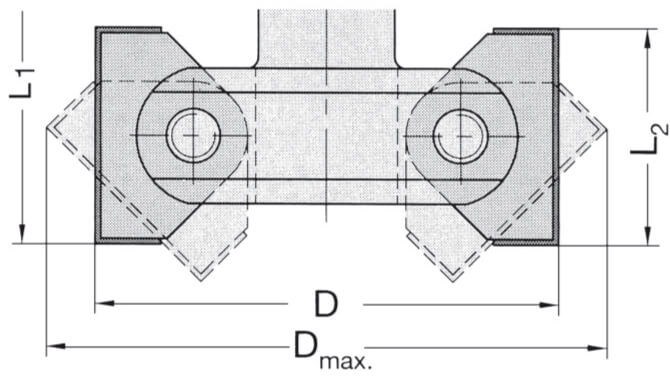 Technische Maßzeichnung des JSO HW Schwenkmesserkopfes mit Kennzeichnung von Schwenkbereich, Grund-Ø 110 mm, Maximal-Ø 125 mm, Nutzlänge 50 mm, Schaft 25 mm und Gesamtlänge 114 mm.