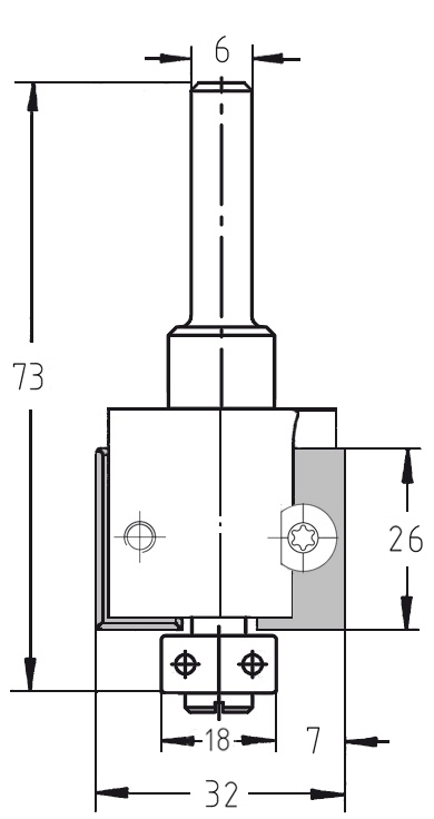 Technische Maßzeichnung JSO WP-Falzfräser Ø 32 mm, Nutzlänge 26 mm, T 7 mm, Schaft 6 mm.
