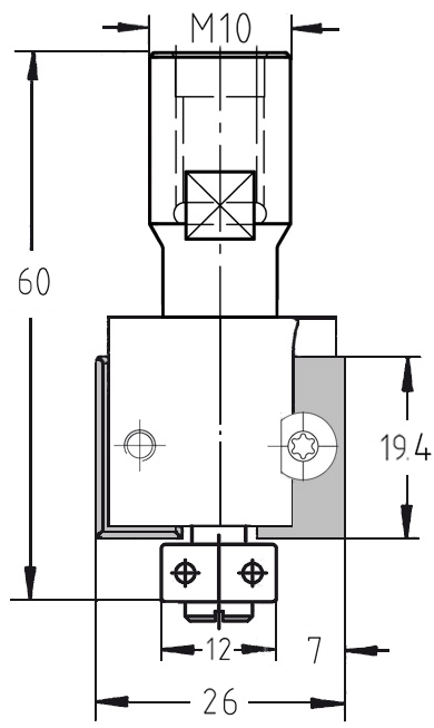 Technische Maßzeichnung des JSO WP-Falzfräsers Ø 26 mm, Nutzlänge 19,4 mm, T 7 mm, Aufnahme M10.

