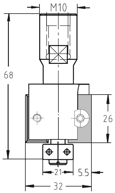 Technische Maßzeichnung JSO WP-Falzfräser Ø 32 mm, Nutzlänge 26 mm, T 5,5 mm, Anschluss IG M10.
