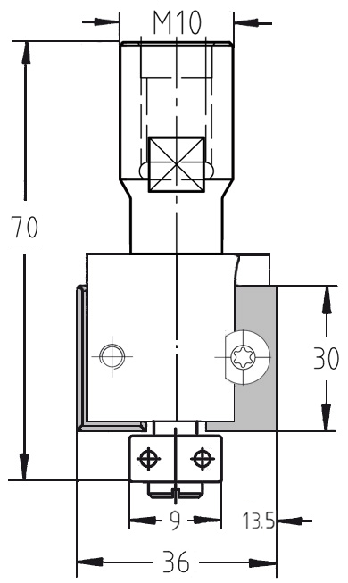 Technische Maßzeichnung JSO WP-Falzfräser Ø 36 mm, Nutzlänge 30 mm, T 13,5 mm, Aufnahme M10 IG.
