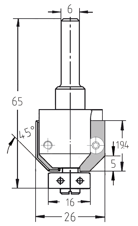 Maßzeichnung Wendeplatten-Fasefräser 45°: Durchmesser 26 mm, Nutzlänge 5 mm, Anlauflager-Durchmesser 16 mm.