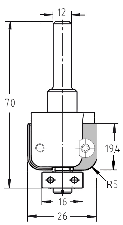 Maßzeichnung des JSO (Unitec) Wendeplatten-Halbhohlkehlfräsers: R 5 mm, Durchmesser 26 mm, Schaft 12 mm.