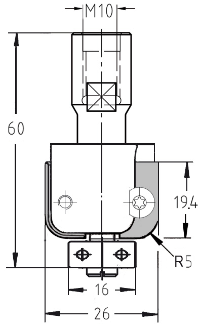 Maßzeichnung des JSO (Unitec) Wendeplatten-Halbhohlkehlfräsers mit Radius 5 mm, Durchmesser 26 mm und M10-Gewindeanschluss.