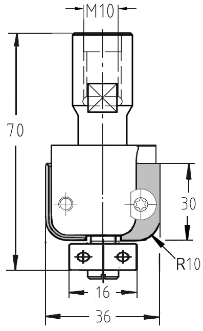 Maßzeichnung des JSO (Unitec) Wendeplatten-Halbhohlkehlfräsers mit Radius 10 mm, Durchmesser 36 mm und M10-Gewindeanschluss.