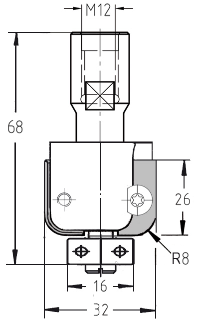 Maßzeichnung des JSO (Unitec) Wendeplatten-Halbhohlkehlfräsers mit Radius 8 mm, Durchmesser 32 mm und M12-Gewindeanschluss.