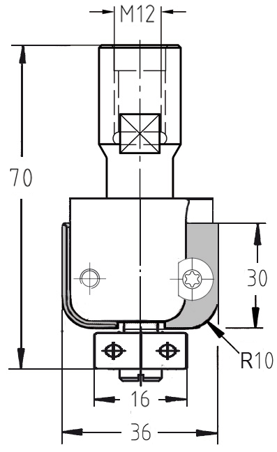 Maßzeichnung des JSO (Unitec) Wendeplatten-Halbhohlkehlfräsers mit Radius 10 mm, Durchmesser 36 mm und M12-Gewindeanschluss.