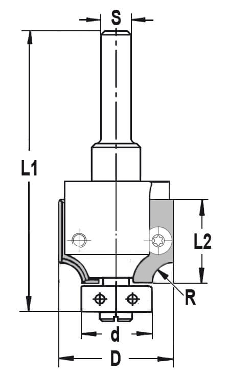 Bemaßte technische Zeichnung des JSO Unitec Abrundfräsers: Radius 10 mm, Schaft 12 mm, Durchmesser 36 mm mit 16 mm Lagerführung.