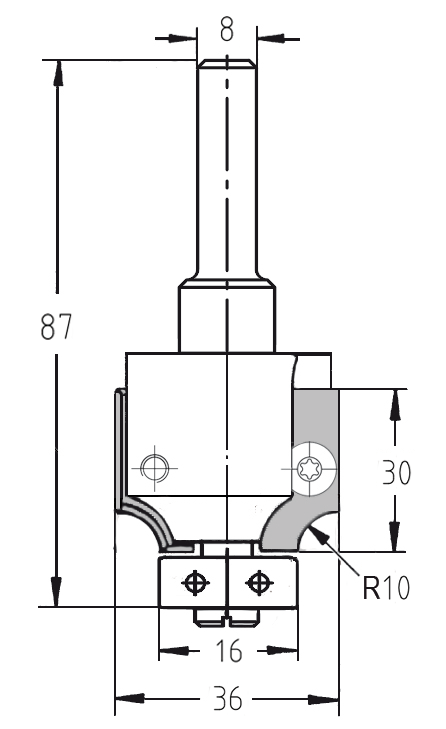 Bemaßte technische Zeichnung des JSO Unitec Abrundfräsers: Radius 10 mm, Durchmesser 36 mm, Nutzlänge 30 mm mit 16 mm Lagerführung.