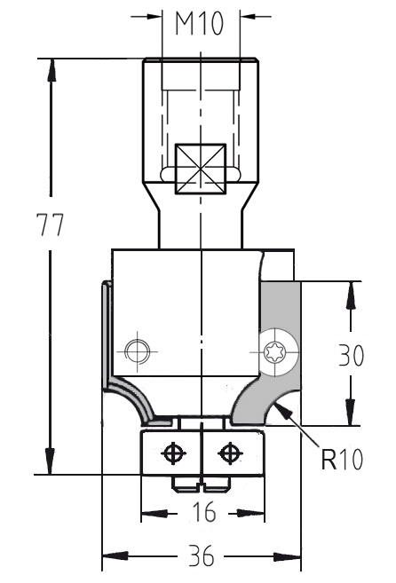 Bemaßte technische Zeichnung des JSO Unitec Abrundfräsers: Radius 10 mm, M10 Innengewinde, Nutzlänge 30 mm mit 16 mm Lagerführung.