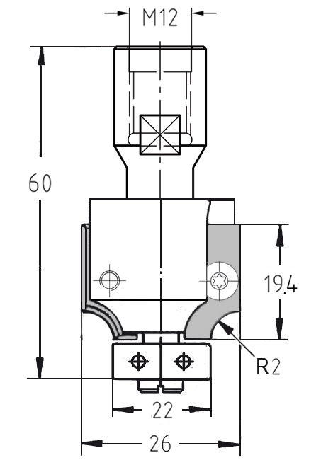 Bemaßte technische Zeichnung des JSO Unitec Abrundfräsers: Radius 2 mm, M12 Innengewinde, Gesamtlänge 60 mm mit 22 mm Lagerführung.