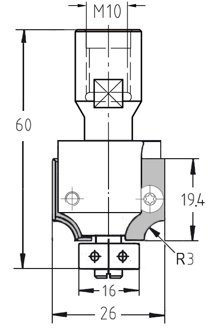Technische Maßzeichnung des Wechselplattenfräsers: R 3 mm, M12-Gewinde, Durchmesser 26 mm und 16 mm Kugellager.
