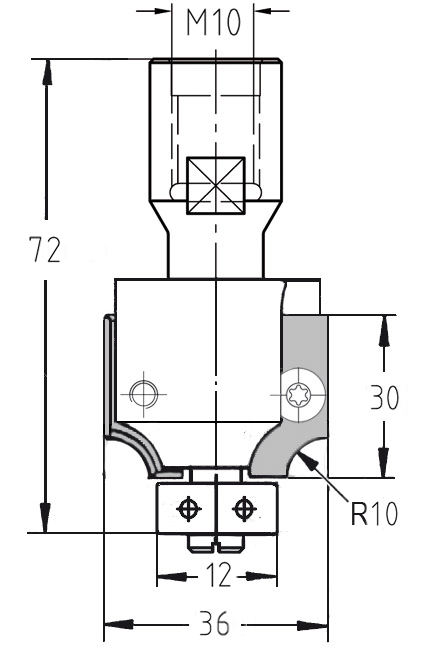 Technische Maßzeichnung des Wechselplattenfräsers: R 10 mm, M10-Gewinde, Durchmesser 36 mm und 12 mm Kugellager.